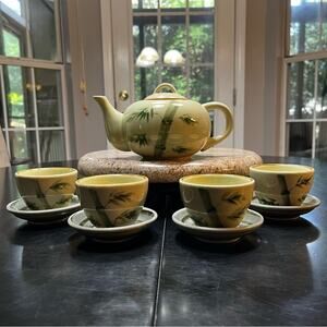 NEW World Market Ceramic Bamboo Bee Bug Hand Painted Teapot Cup Saucers 9 pcs